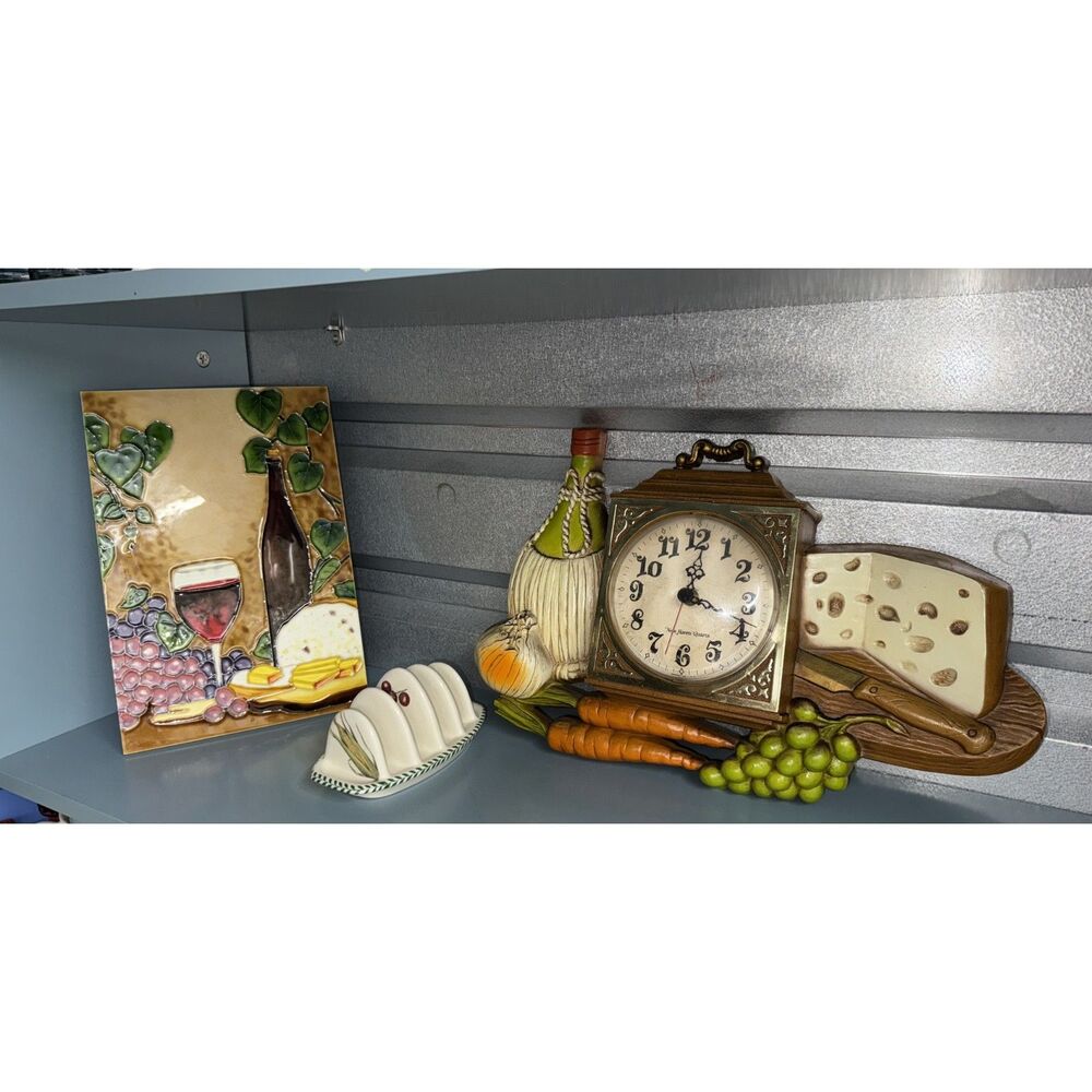 VTG 1970s Burwood Kitchen Wall Clock, Wine & Cheese Tile, Ceramic Napkin Holder